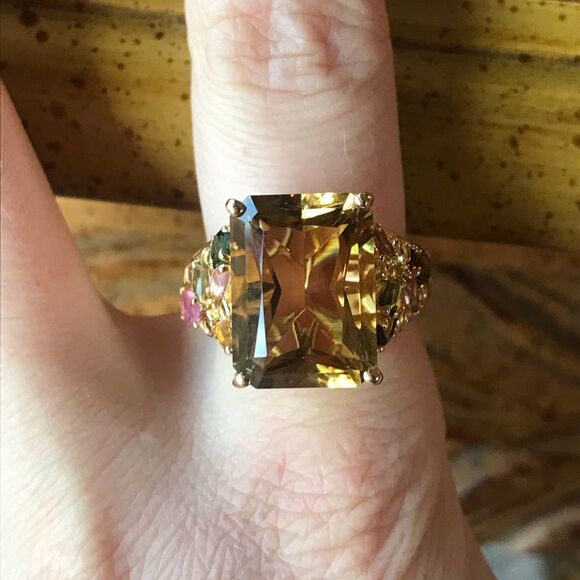 Natural Citrine Tourmaline Sterling Silver Cocktail Ring Size 9 - Picture 1 of 10